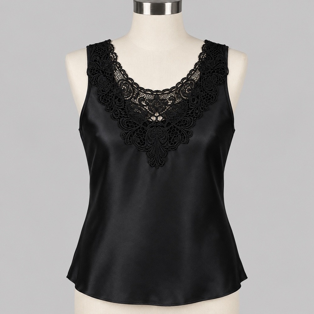Vtg 90s Cinema Etoile Satin Lace Tank Top Small Black Cami Whimsigoth Y2K USA
